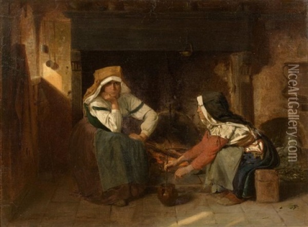 Femmes Dans Un Interieur Creusois, 1868 Oil Painting - Jacques Francois Camille Clere