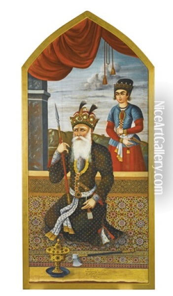 A Monumental Portrait Of King Jamshid Oil Painting - Mihr 'Ali