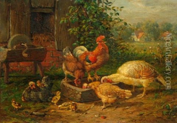 Chickens Feeding Oil Painting - Charles C. Hoffmann