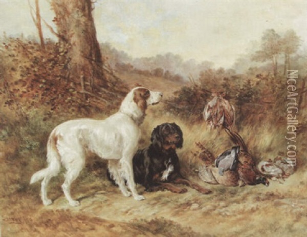 An English Setter, And A Gordon Setter By The Day'a Bag Oil Painting - James Hardy Jr.