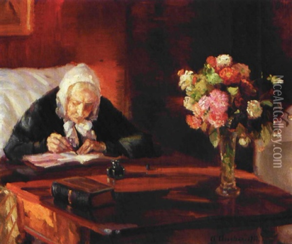 Kunstnerindens Mor Ane Hedvig Brondum Siddende Ved Sit Skrivebord I Den Rode Stue Oil Painting - Anna Kirstine Ancher