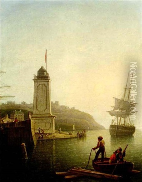 A Trading Brig Aground Off The North Shields Lighthouse, Tynemouth Oil Painting - Robert Salmon