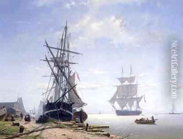 Ships in a Dutch Estuary Oil Painting - W.A. van Deventer