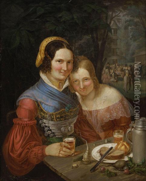 Zwei Munchner Madchen Im Englischen Garten Oil Painting - Carl Engel Von Der Rabenau