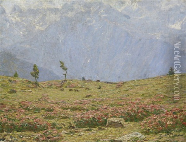 Sommerliche Alplandschaft Mit Weidenden Kuhen Oil Painting - Emilio Longoni