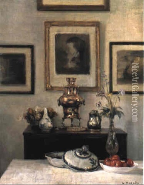 Interior Med Kobberstik, Bord Med Tomater Og Ostindisk Fad Oil Painting - Carl Vilhelm Holsoe