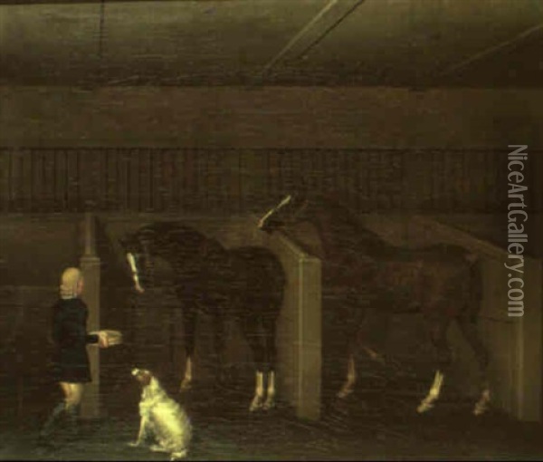 Groom, Horses And Dog In A Stable Oil Painting - James Seymour