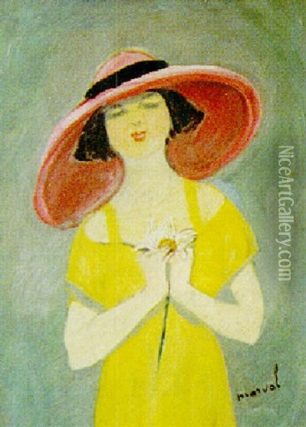 Jeune Femme Au Chapeau Rose Tenant Une Marguerite Oil Painting - Jacqueline Marval