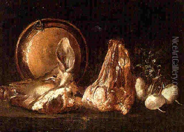 Still Life Of A Hog's Head, Turnips And A Copper Pan Oil Painting - Felice Boselli