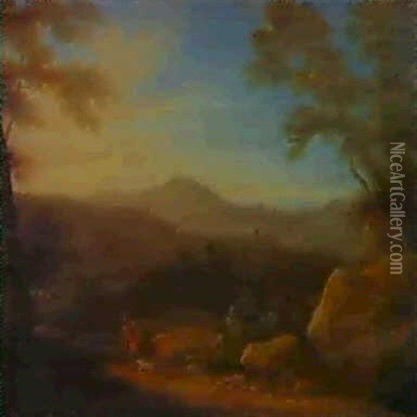 Paesaggio Romano Al Tramonto Con Tre Viandanti     Paesaggio Romano All'alba Con Grande Albero A Sinistra Oil Painting - Gaspard Dughet