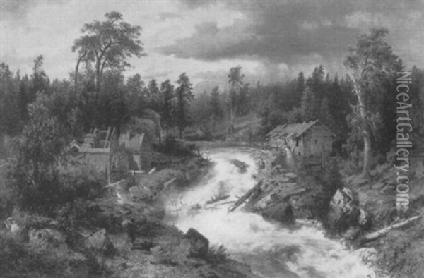 Landscape With Rushing River And Old Water Mill Oil Painting - Hermann Herzog