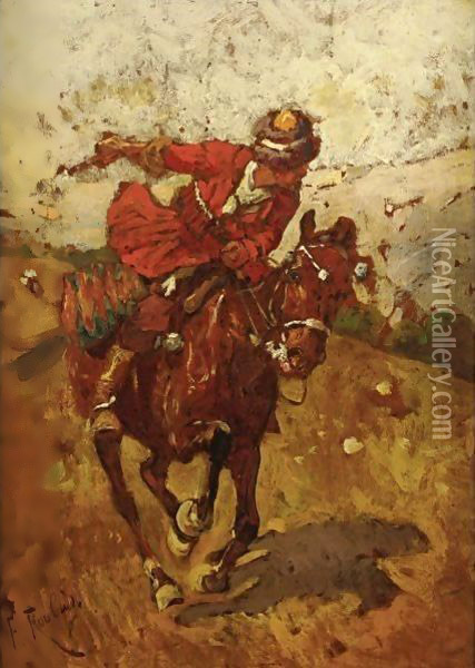 Cossack Horseman Oil Painting - Franz Roubaud