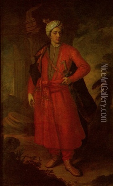 Portrait Of William O'brien, 2nd Lord Inchiquin Standing In A Landscape By A Classical Column Wearing Red Oriental Dress, Holding His Sword, And Wearing A Turban Oil Painting - Michael Dahl