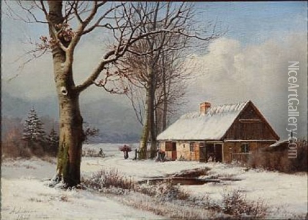 Winter Landscape With A Man And Woman Collecting Firewood At A Thatched House Oil Painting - Anders Andersen-Lundby