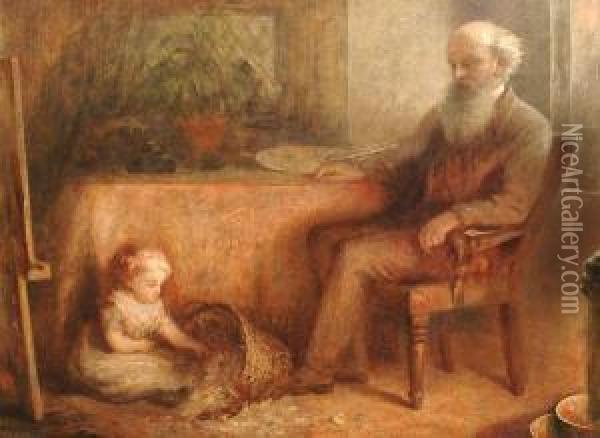 An Artist Seated Before An Easel With A Childat His Feet Oil Painting - John Alfred Vinter