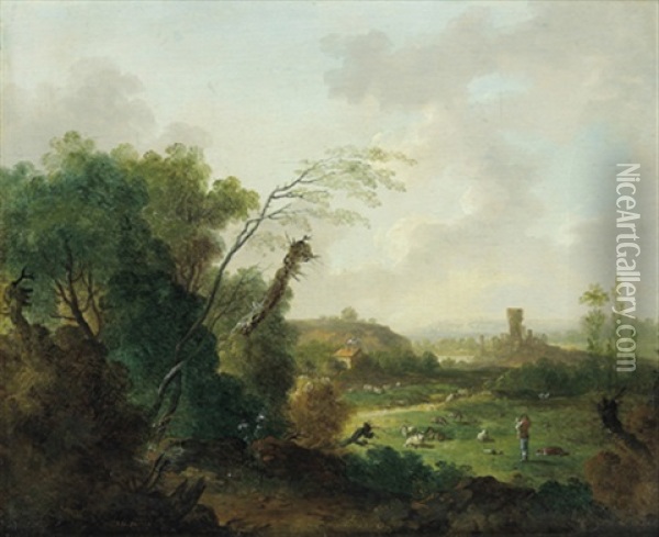 Bewaldete Landschaft Mit Einem Hirten Und Herde Oil Painting - Johann Wilhelm Becker