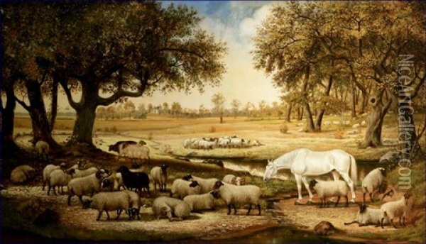 Livestock In A Sylvan Field With Stream Oil Painting - Henry H. Cross