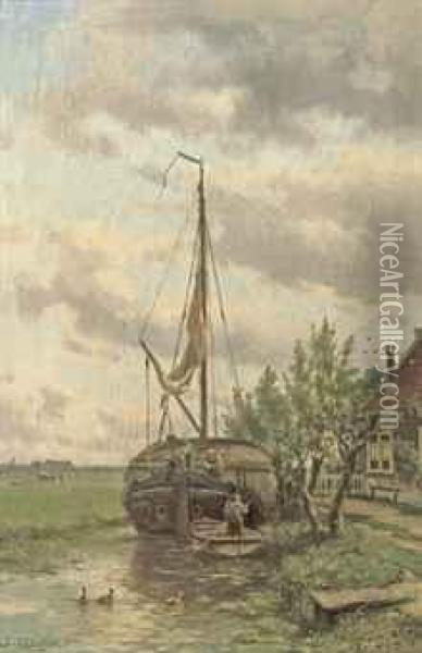 A Moored Hay Vessel Oil Painting - Johannes Hermann Barend Koekkoek