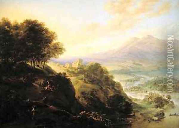 Mountainous river landscape with peasants resting by a path Oil Painting - Jan Griffier
