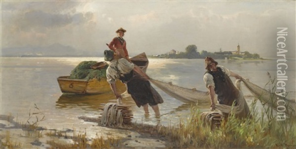 Zwei Fischer Und Eine Junge Bauerin In Einem Heuboot Am Ufer Des Chiemsees Oil Painting - Karl Raupp