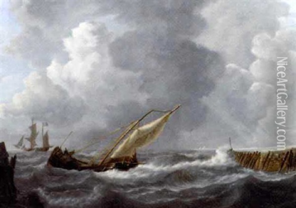 Sailing Vessels By A Harbour Entrance Oil Painting - Pieter Arnout Dyxhoorn