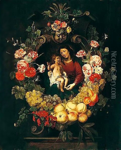 A Still Life Of A Garland Of Fruit And Flowers Around The Virgin And Child Oil Painting - Frans Ykens