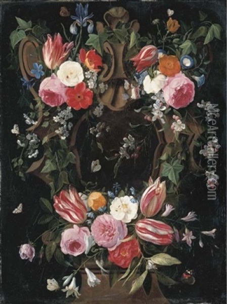 A Garland Of Tulips, Roses, Morning Glory, An Iris, Clematis And Other Flowers Surrounding A Sculpted Stone Cartouche With A Red Admiral, A Common Blue And Other Butterflies And Insects Oil Painting - Jan van Kessel the Elder