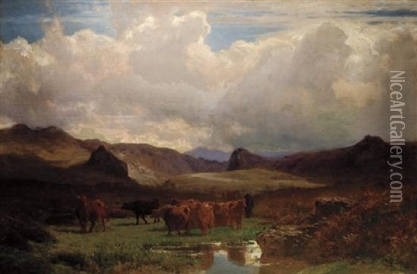 Cattle Grazing On A Hillside Beside A Lake Oil Painting - Auguste (Francois Auguste) Bonheur
