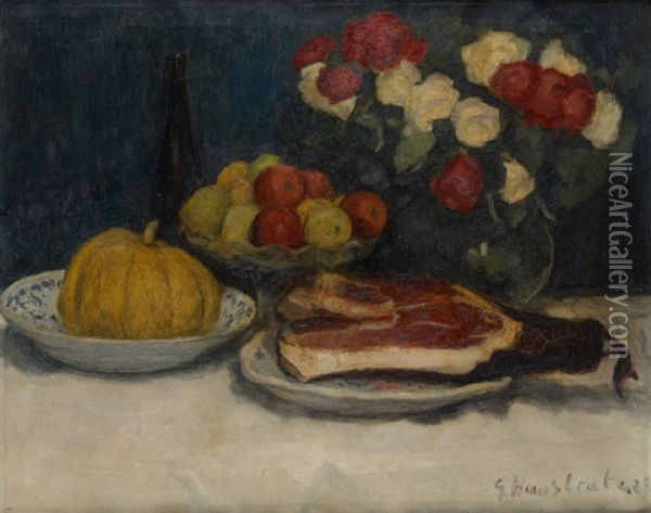 Composition Au Jambon Et Roses Oil Painting - Gaston Haustrate