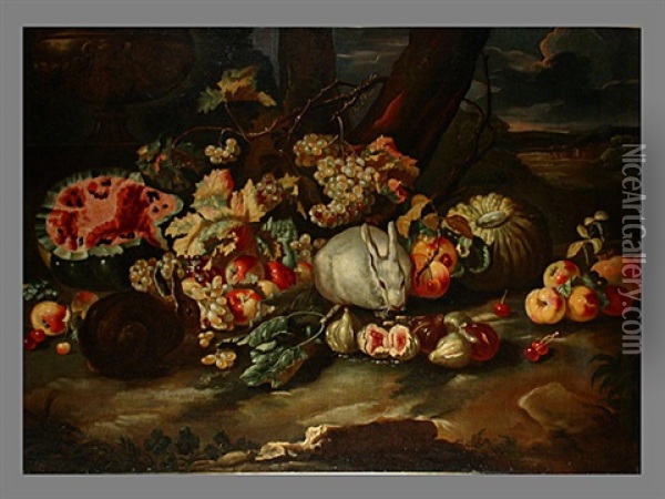 Grosses Fruchtestilleben Mit Zwei Hasen Oil Painting - Giovanni Paolo Castelli (lo Spadino)