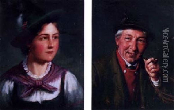 A Bavarian Couple In Traditional Costume Oil Painting - Alois Binder