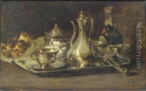A Silver Tete A Tete, A Bottle And Brioches On A Table Oil Painting - Guillaume-Romain Fouace