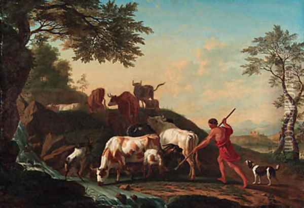 A herdsman with cattle and goats by a stream Oil Painting - Jan van Gool