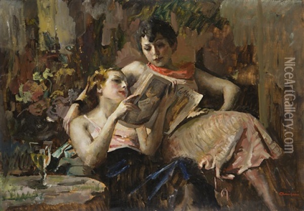 Ragazze In Lettura Oil Painting - Giuseppe Amisani