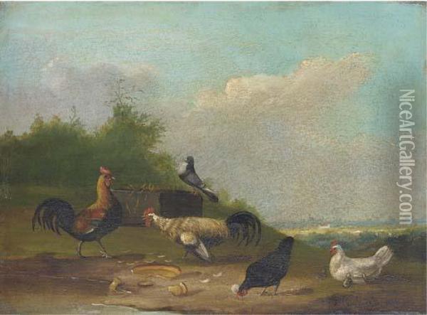 Hens And A Pigeon In A Landscape Oil Painting - Franz van Severdonck