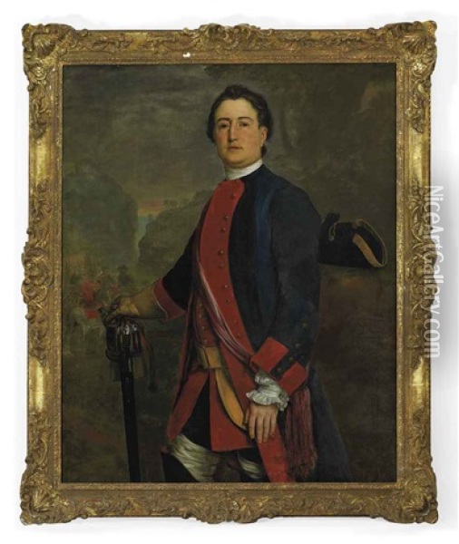 Portrait Of Captain John Long Bateman, Captain In Colonel Ponsonby's Independent Regiment, In Uniform, Holding His Sword Hilt And Glove In His... Oil Painting - Stephen Slaughter