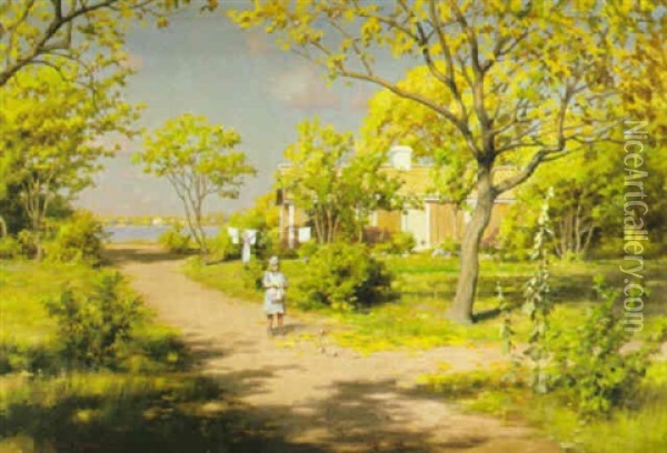 Flicka Med Applen I Sommarlandskap Oil Painting - Johan Fredrik Krouthen