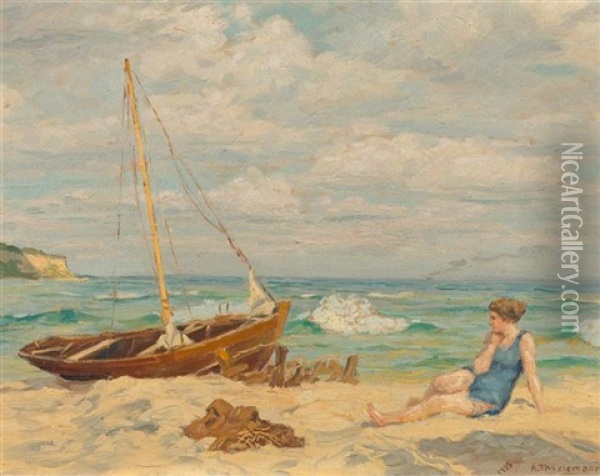 Badende Am Strand Mit Segelboot Oil Painting - Alfred Rudolph Thielemann