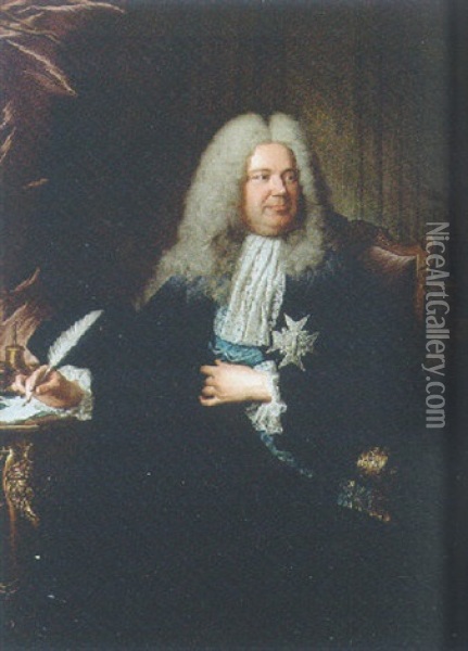 Portrait Of Charles-gaspard Dodun, Marquis D'herbault, Seated In A Balck Costume And A White Cravat, Writing At A Desk Oil Painting - Hyacinthe Rigaud