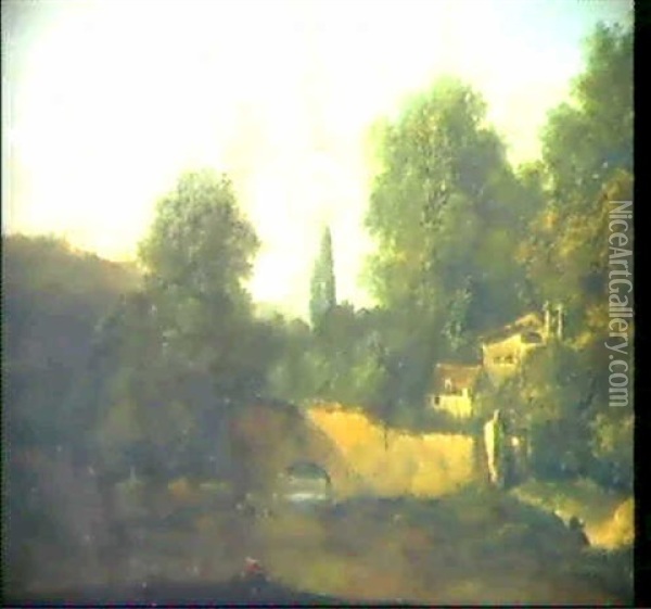 Paysage Avec Un Pecheur Au Bord                             D'une Riviere Oil Painting - Louis Gabriel Moreau the Elder