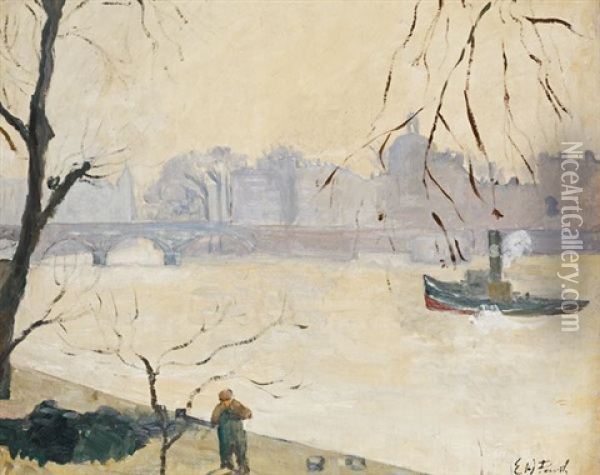 La Seine A Paris Oil Painting - Elie Anatole Pavil