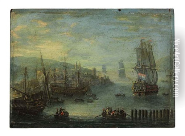 A Port With Moored Ships, Rowboats And A Man-of-war Oil Painting - Charles-Leopold Grevenbroeck