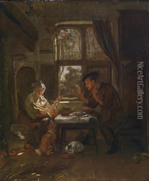 Family Scene Before An Open Window Throughwhich Sunlight Is Flooding Oil Painting - Ludolf de Jongh