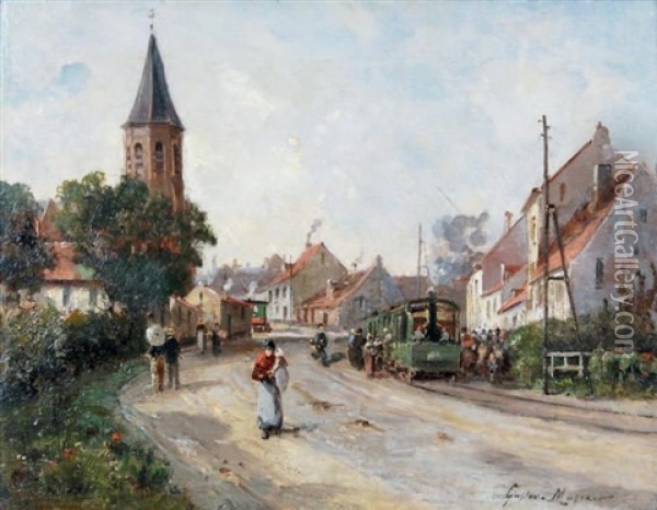L'arrivee Du Tramway Belge Oil Painting - Gustave Mascart