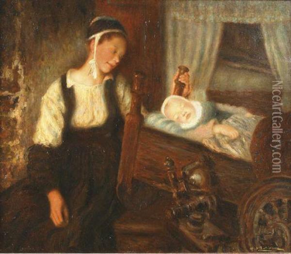 Marie Joseph Enfant Dans Son Berce Oil Painting - Henry D Estienne