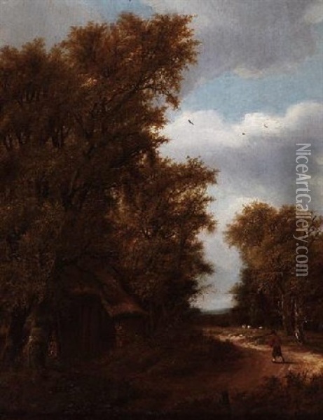 Sommerliche Waldlandschaft Mit Bauernkate Und Hirte An Wegbiegung Oil Painting - Jacob Salomonsz van Ruysdael