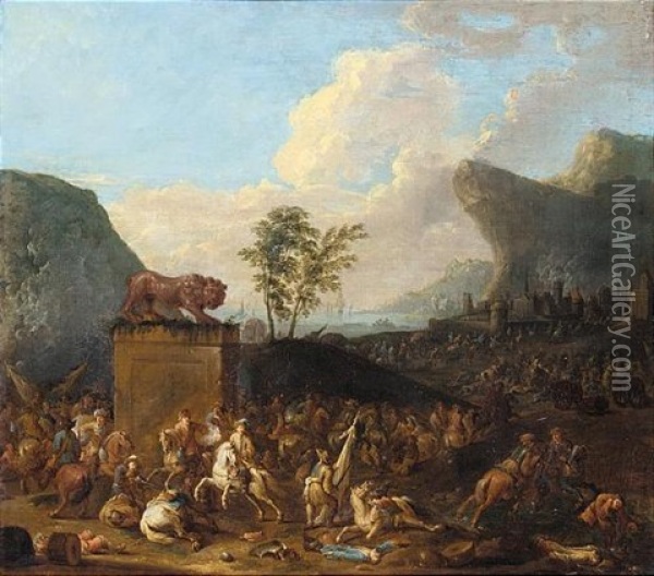 Cavalry Battle Before A Mediterranean Port Oil Painting - Karel Breydel