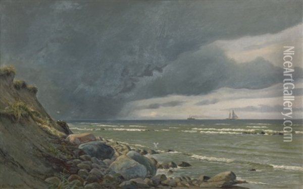 Aufkommendes Gewitter An Steiniger Kuste In Danemark Oil Painting - Christian Blache