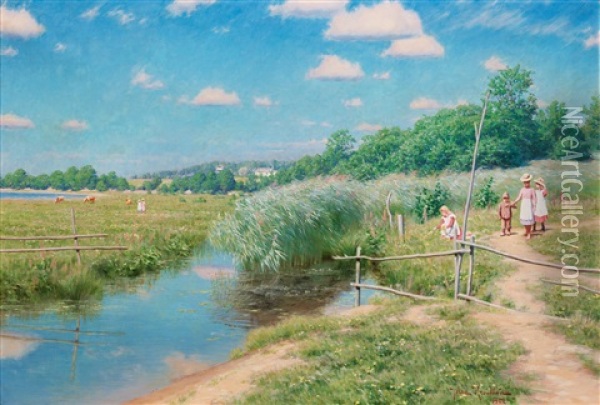 Sommarlandskap Med Barn Oil Painting - Johan Fredrik Krouthen