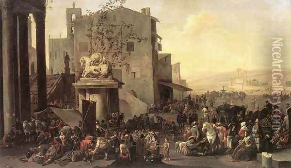 Roman Market Scene 1653 Oil Painting - Johannes Lingelbach